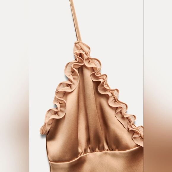 NWT ZARA CONTRASTING RUFFLES SATIN EFFECT DRESS gold/ champagne color - Picture 14 of 15